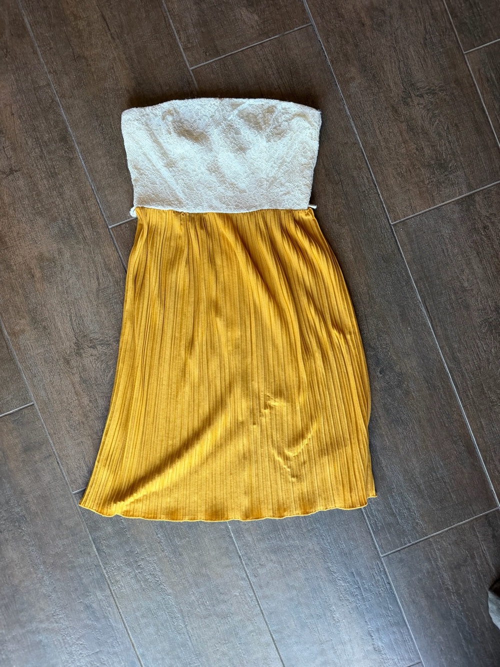 Strapless White Lace & Mustard Yellow Pleated Midi Dress.
